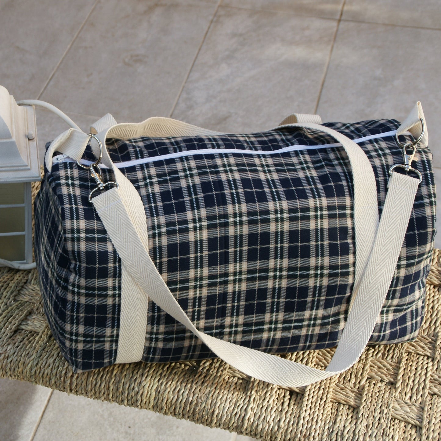 Bolsa ropa bebé cuadros azul