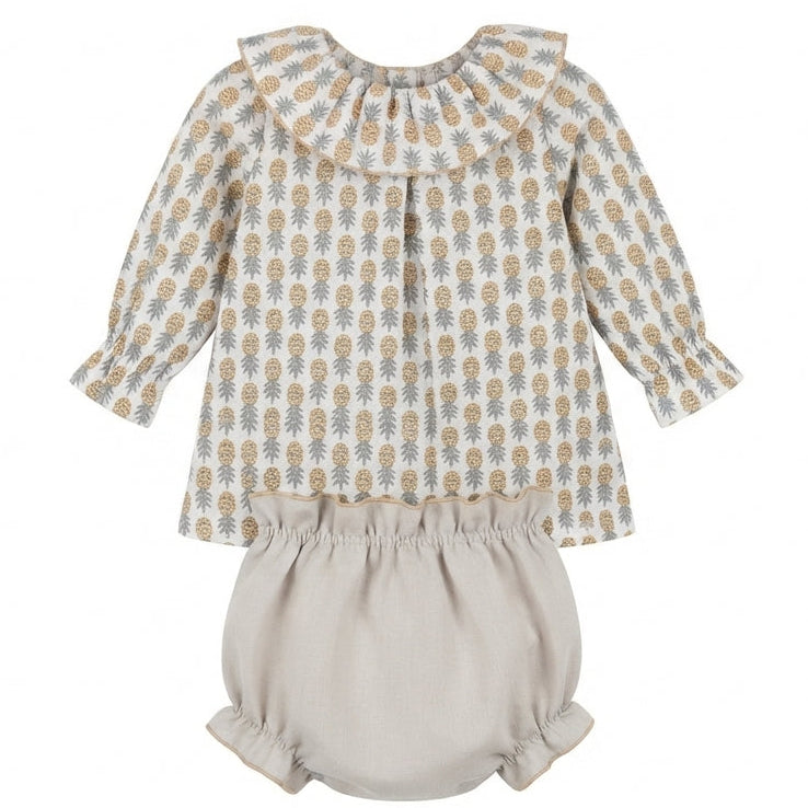 Vestido corto manga larga - pololo piñas y beige
