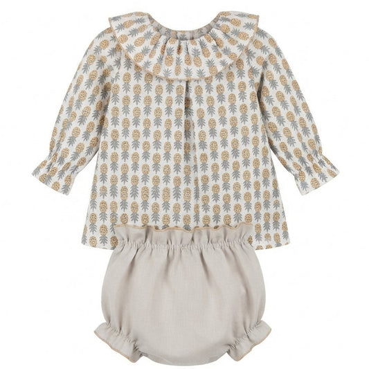 Vestido corto manga larga - pololo piñas y beige