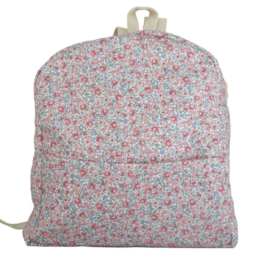 Mochila de guardería con estampado de florecitas rosas. Mochila ligera y acolchada