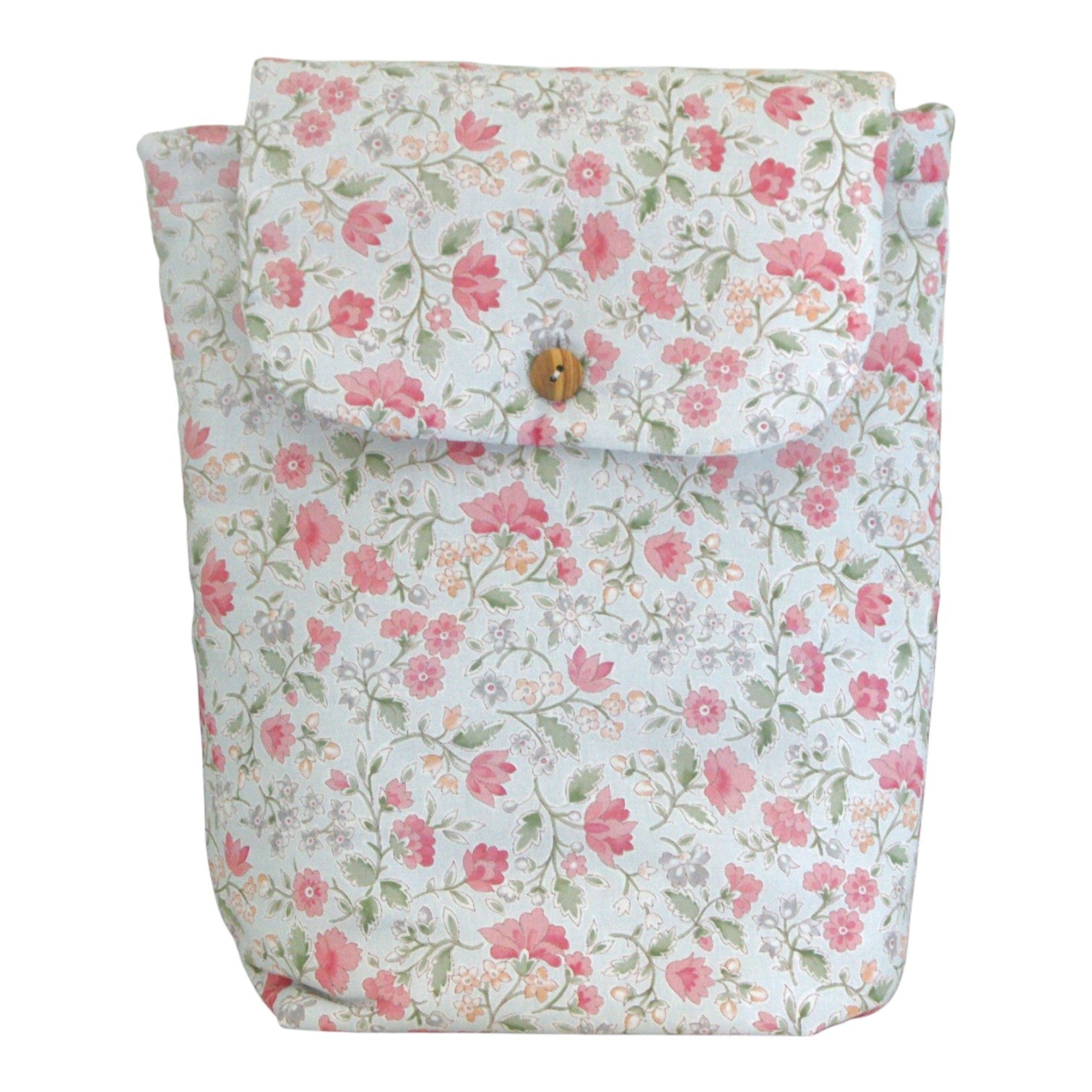 Mochila para la guardería impermeable por dentro, de estampado de flores rosas y verdes.
